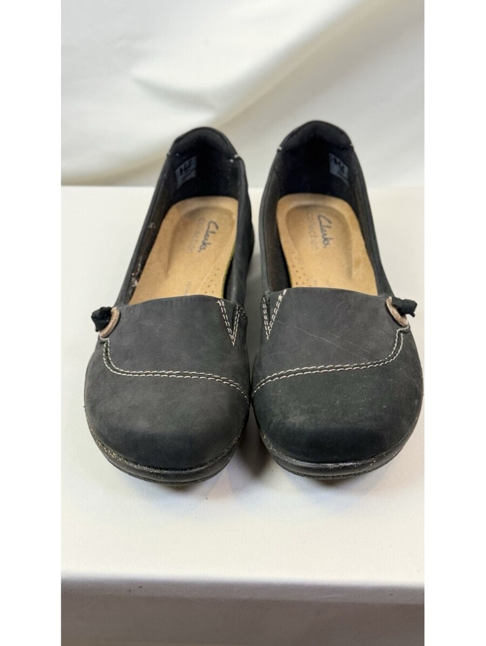 Clarks Carleigh Leather Loafers Women’s Size 7M Black Nubuck Contrast Stitching